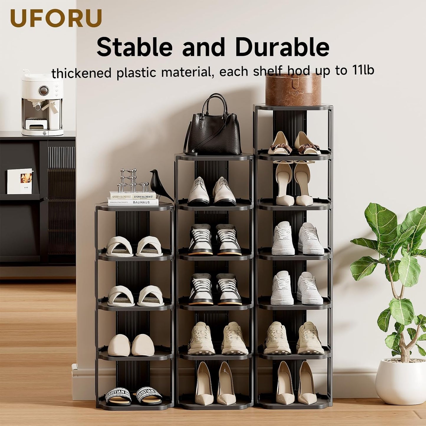 UFORU Small Shoe Rack, 5 Tier Plastic Vertical Shoe Rack for Small and Narrow Spaces, Free Standing Shoe Organizer for Closet, Entryway