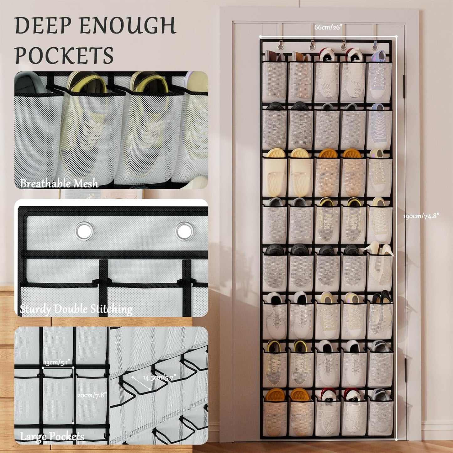 homyfort Over the Door Shoe Organizer, Hanging Shoe Rack Storage Holder with 24 Large Pockets for Closet Door, Men Women Kids Shoes, Cruise (Black)
