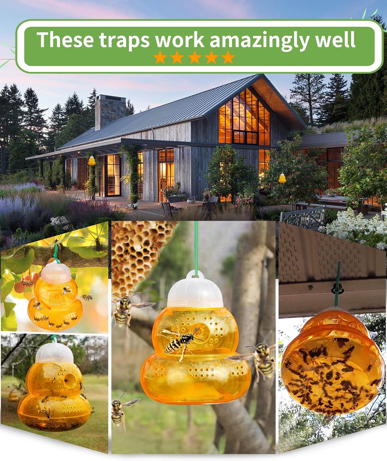 Wasp Trap Outdoor Hanging, Non-Toxic Reusable Hornet & Yellow Jacket Catcher, Effective Bee & Wasp Killer Insect Trap for Outdoor Use - 2 Pack Orange