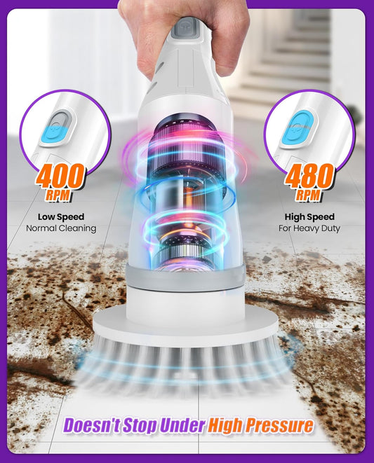 Electric Spin Scrubber, Cordless Floor Scrubber Machine with Interchangeable Cleaning Pads, IPX7 Waterproof 2-Speed Cleaning Pads for Bathroom, Kitchen, Tile, Tub and Floor Cleaning, White-qb2