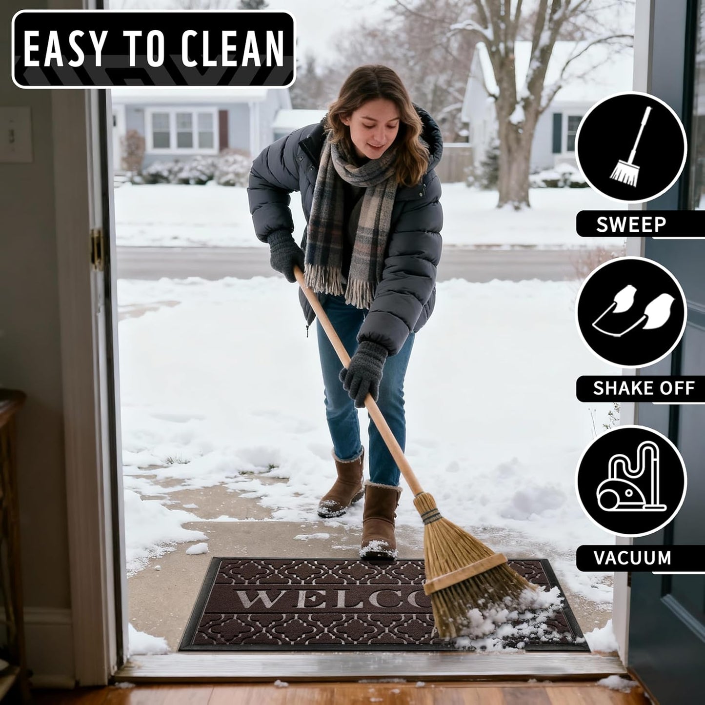 Yimobra Welcome Mat Outdoor Indoor, All-Weather Waterproof Front Door Mat Outside Entrance, Non-Slip Low Profile Porch Patio Doormat, 29.5x17, Black