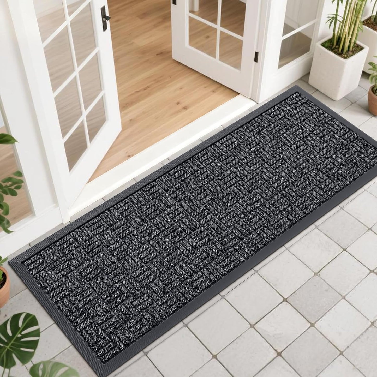 OLANLY Front Door Mat Outside Entrance 29.5x17, Absorbent, Heavy Duty Sturdy Natural Rubber Doormat Indoor Outdoor, Stain and Fade Resistant, Non-Slip Backing Low Profile Floor Mat for Entryway, Grey