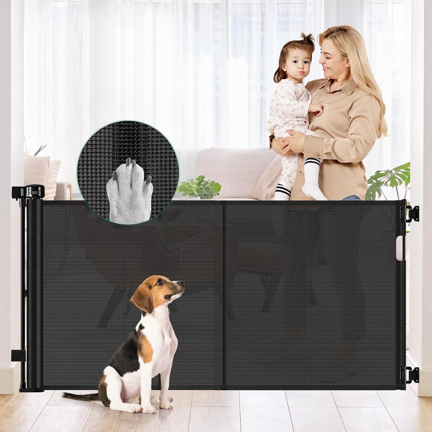 Reinforced 50" Wide Retractable Baby Gates for Doorways, Retractable Dog Gate for Stairs with Support Rods – Prevent Crawling Under, Outdoor Indoor Mesh Baby Gate Retractable Gates for Dogs, White