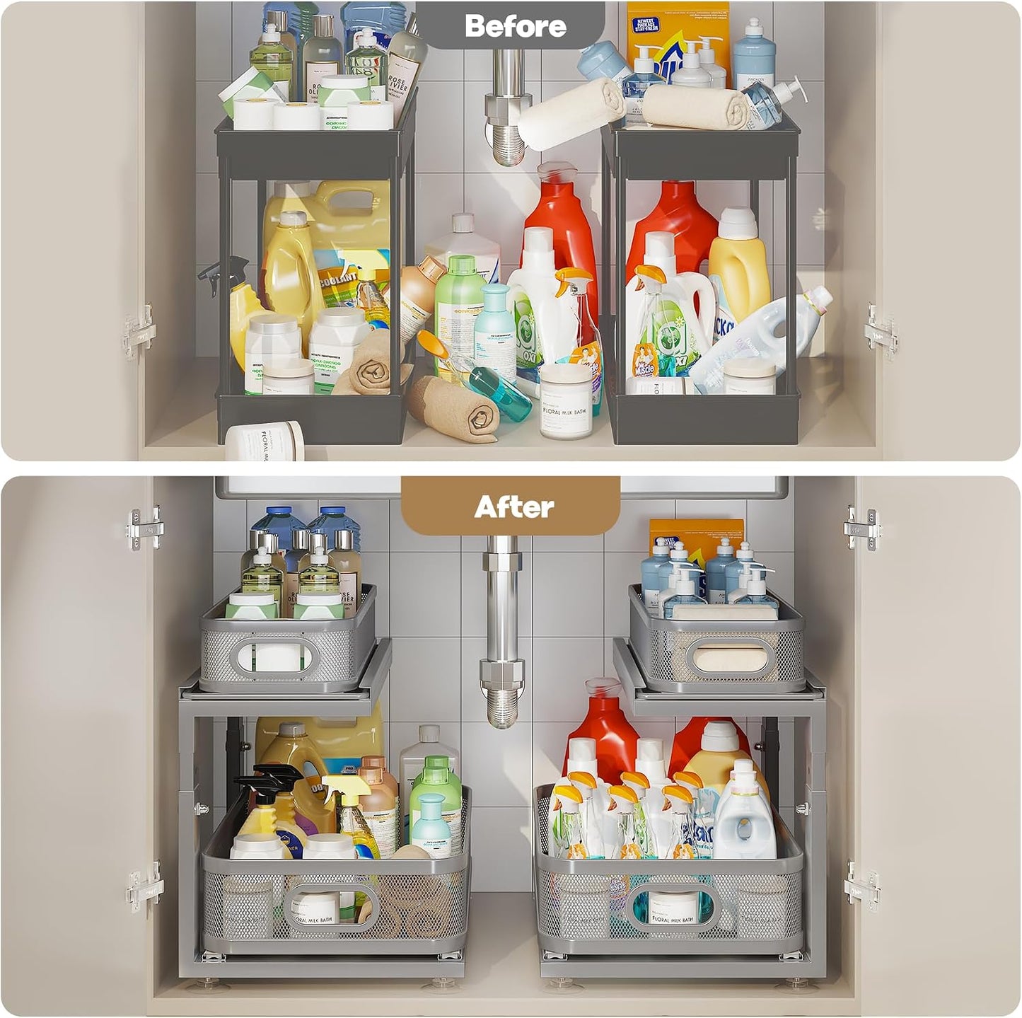 2 Pack 18.5IN-Depth Under Sink Organizer With Next-Gen Ball-Bearing Slides,2-Tier Precision Mesh Pull Out Cabinet Storage for Bathroom&Kitchen,Height Adjustable Drawers Shelf,Anti-rust-White
