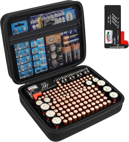 Comecase Battery Storage Case with Tester, Holds 148+ AA AAA C D 9V, Black | Hard-Shell Design, Carry Handle and Custom Foam Slots Keep Batteries Visible, Separated and Ready for Home, Garage or Office