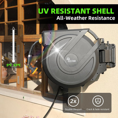 Retractable Garden Hose Reel 5/8 in x100 ft, Heavy Duty Wall Mounted Hose Reel with 10- Function Sprayer Nozzle, Any Length Lock/Automatic Slow Return System,180° Swivel Bracket