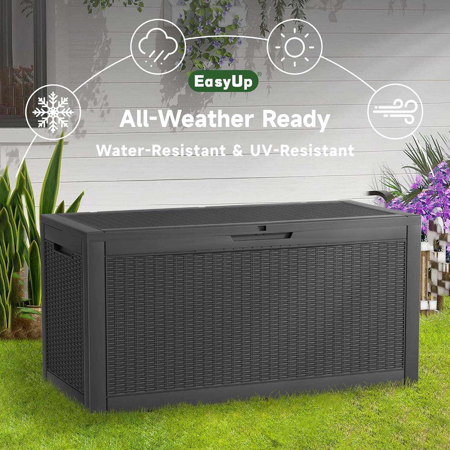 EasyUp 33 Gallon Resin Deck Box Waterproof, UV Resistant Outdoor Storage Box for Delivery, Porch, Patio and Garden, Stripe Black