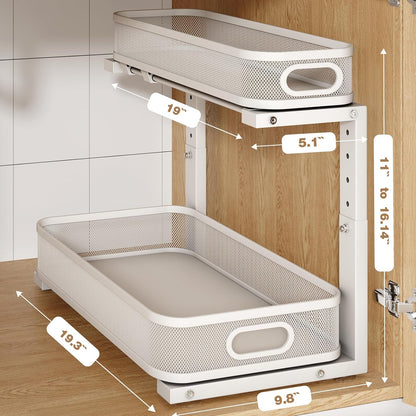 2 Pack Under Sink Organizer With Smooth Cylindrical Rail,2-Tier Pull Out Multi-Purpose Cabinet Storage for Bathroom&Kitchen,Height Adjustable,Rust-resistant Coating-White