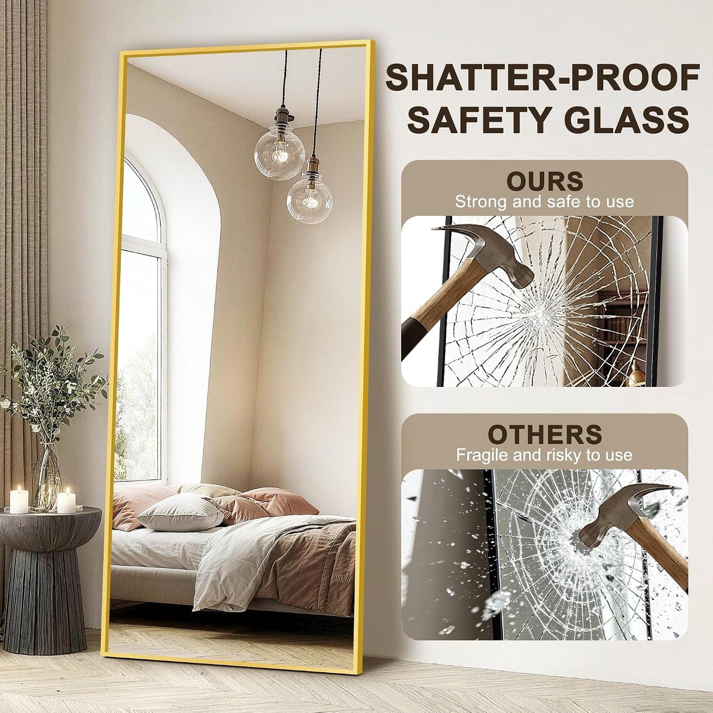 FICTOR Full Length Mirror with Stand, Floor Standing Mirror Full Body, HD Shatterproof Black Frame Wall Mirror for Bedroom, Living Room, Dressing Room & Entryway, 56"x15"