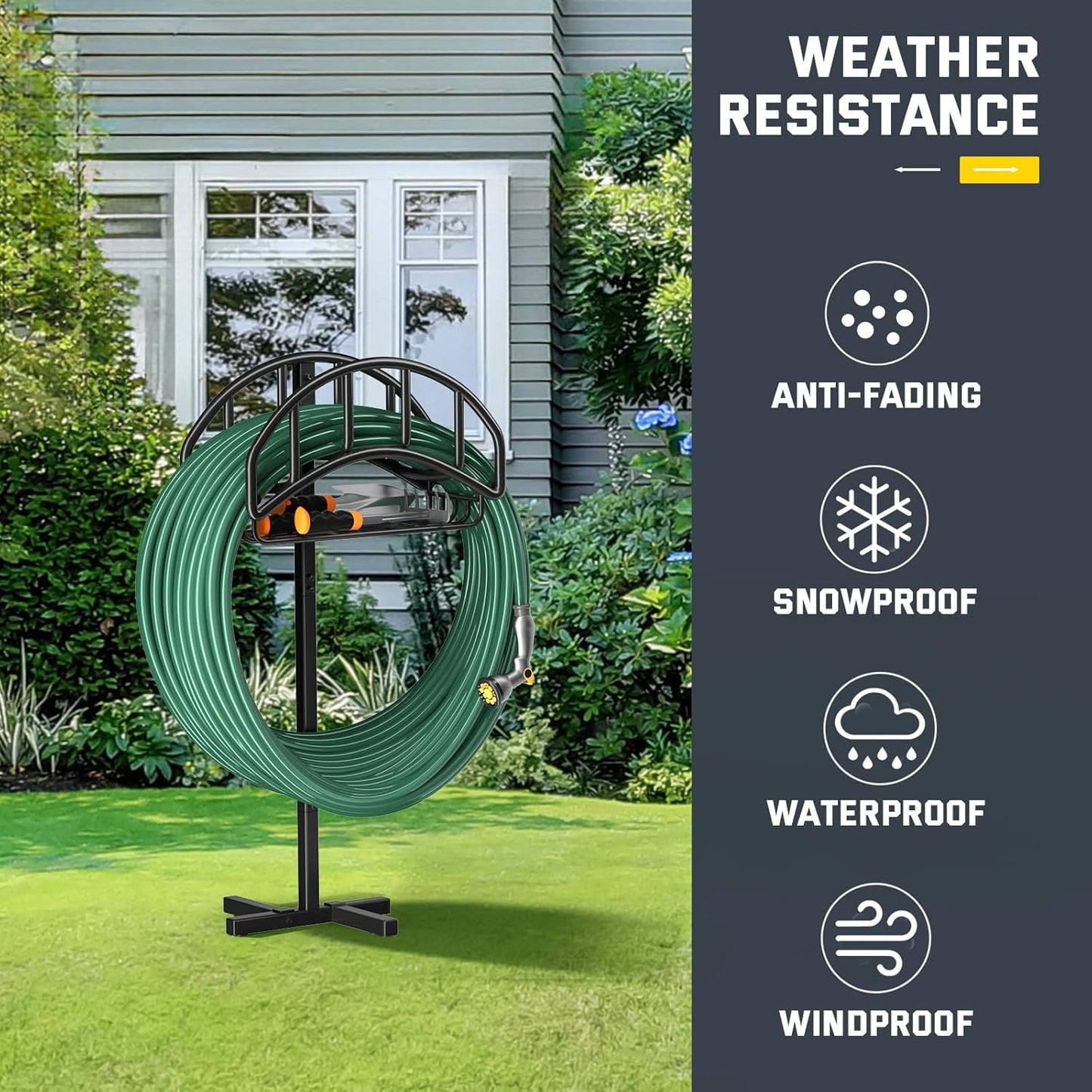 Kesfitt Garden Hose Holder Stand with Tool Storage Basket & 4 Spikes, Detachable Heavy Duty Metal Freestanding Outdoor Organizer for Lawn Yard Water Storage Rack