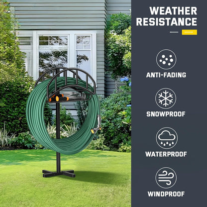 Kesfitt Garden Hose Holder Stand with Tool Storage Basket & 4 Spikes, Detachable Heavy Duty Metal Freestanding Outdoor Organizer for Lawn Yard Water Storage Rack
