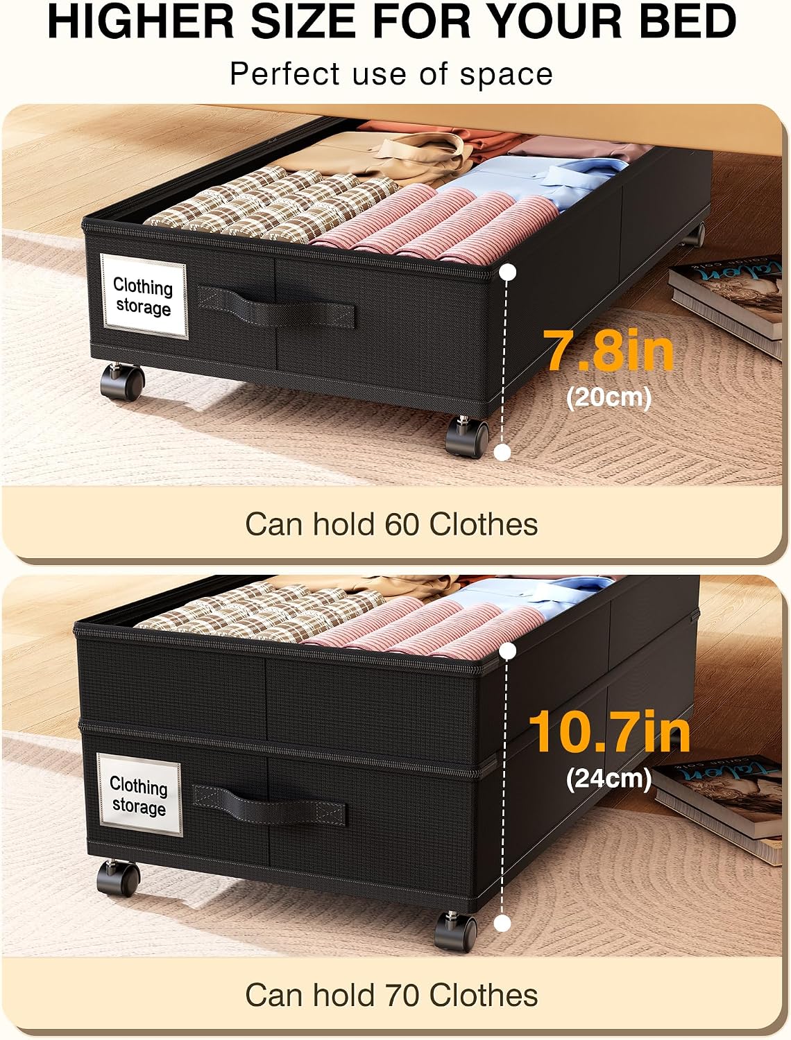 Under Bed Storage with Wheels,1Pack Underbed Shoe Storage Organizer,7.5-10.6 inchTall Adjustable Storage for Underbed with Lids,65L Extra large capacity for Clothes, Blankets,Shoes