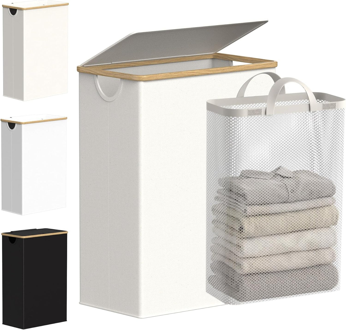 efluky Slim Laundry Basket with Lid, Narrow Laundry Hamper with Removable Bag, Skinny Dirty Clothes Basket with Bamboo Handles for Bathroom, Bedroom & Laundry Room, 75L Beige