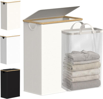 efluky Slim Laundry Basket with Lid, Narrow Laundry Hamper with Removable Bag, Skinny Dirty Clothes Basket with Bamboo Handles for Bathroom, Bedroom & Laundry Room, 75L Beige