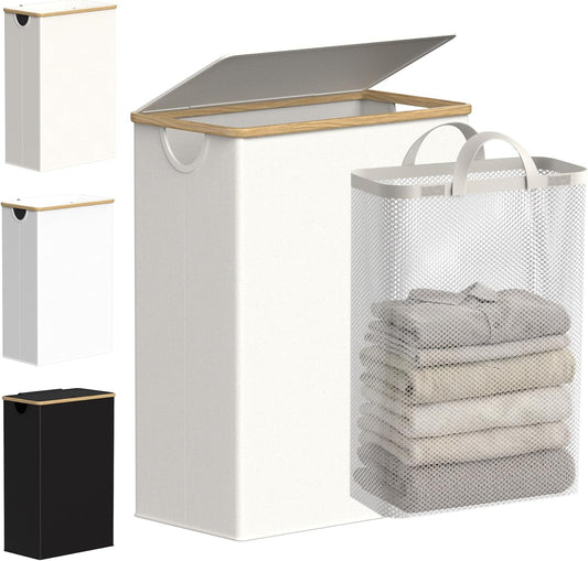 efluky Slim Laundry Basket with Lid, Narrow Laundry Hamper with Removable Bag, Skinny Dirty Clothes Basket with Bamboo Handles for Bathroom, Bedroom & Laundry Room, 75L Beige