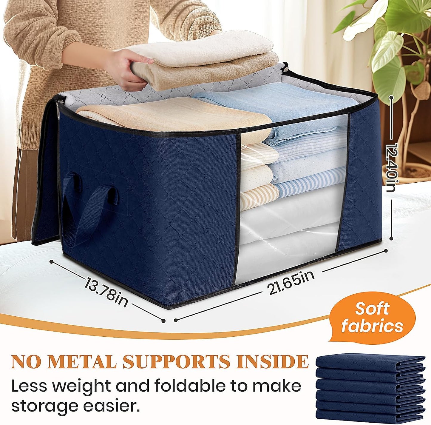 Fab totes 6 Pack Storage Bags for Clothes and Blanket, Foldable Closet Organizers and Storage with Zippers, Clear Window and Handles, Fabric Storage Bins for Sweater, Comforter, Bedding,Linen Sheets