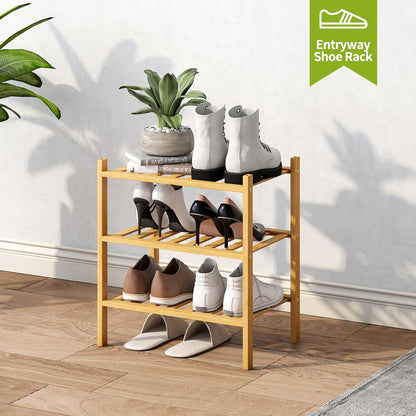 BMOSU 2-Tier Bamboo Small Shoe Rack Premium Stackable Shoe Shelf Storage Organizer for Hallway Closet Living Room Entryway Organizer (Black Bamboo)