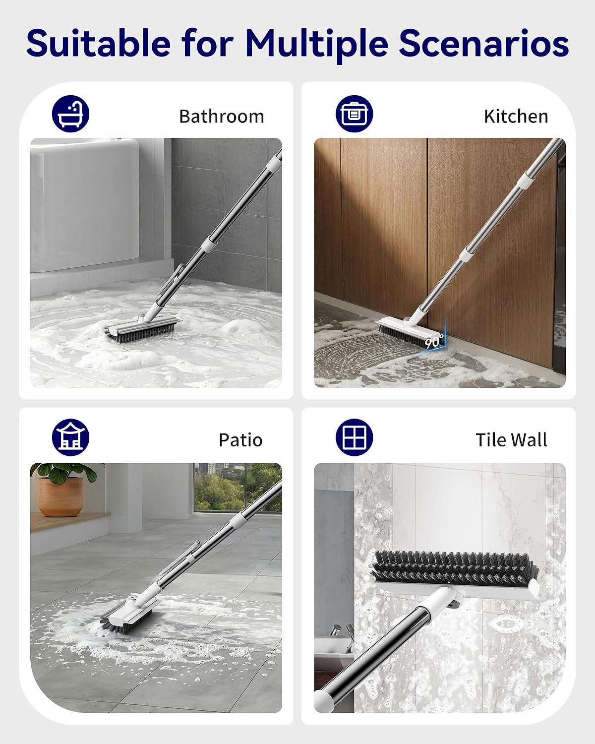 Small Floor Scrub Brush with Length Adjustable Long Handle, 3 in 1 Heavy-Duty Stiff Bristle Scrubber Brush with Squeegee and Tweezer for Cleaning Bathroom, Tile, Deck, Patio, Garage and Kitchen