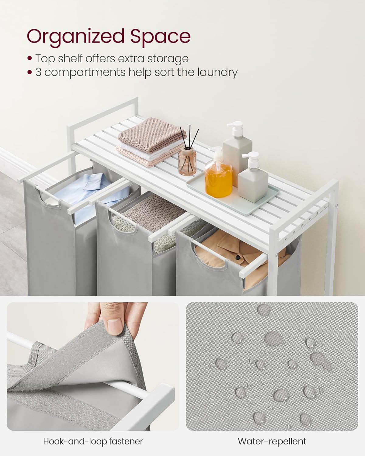VASAGLE Laundry Hamper, Laundry Basket Sorter with 3 Pull-Out and Removable Bags, Shelf, Metal Frame, 3 x 10.6 Gallons (40 L), 36.4 x 13 x 28.4 Inches, Cappuccino Beige and Natural Beige UBLH301LH01