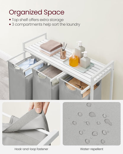 VASAGLE Laundry Hamper, Laundry Basket Sorter with 3 Pull-Out and Removable Bags, Shelf, Metal Frame, 3 x 10.6 Gallons (40 L), 36.4 x 13 x 28.4 Inches, Cappuccino Beige and Natural Beige UBLH301LH01