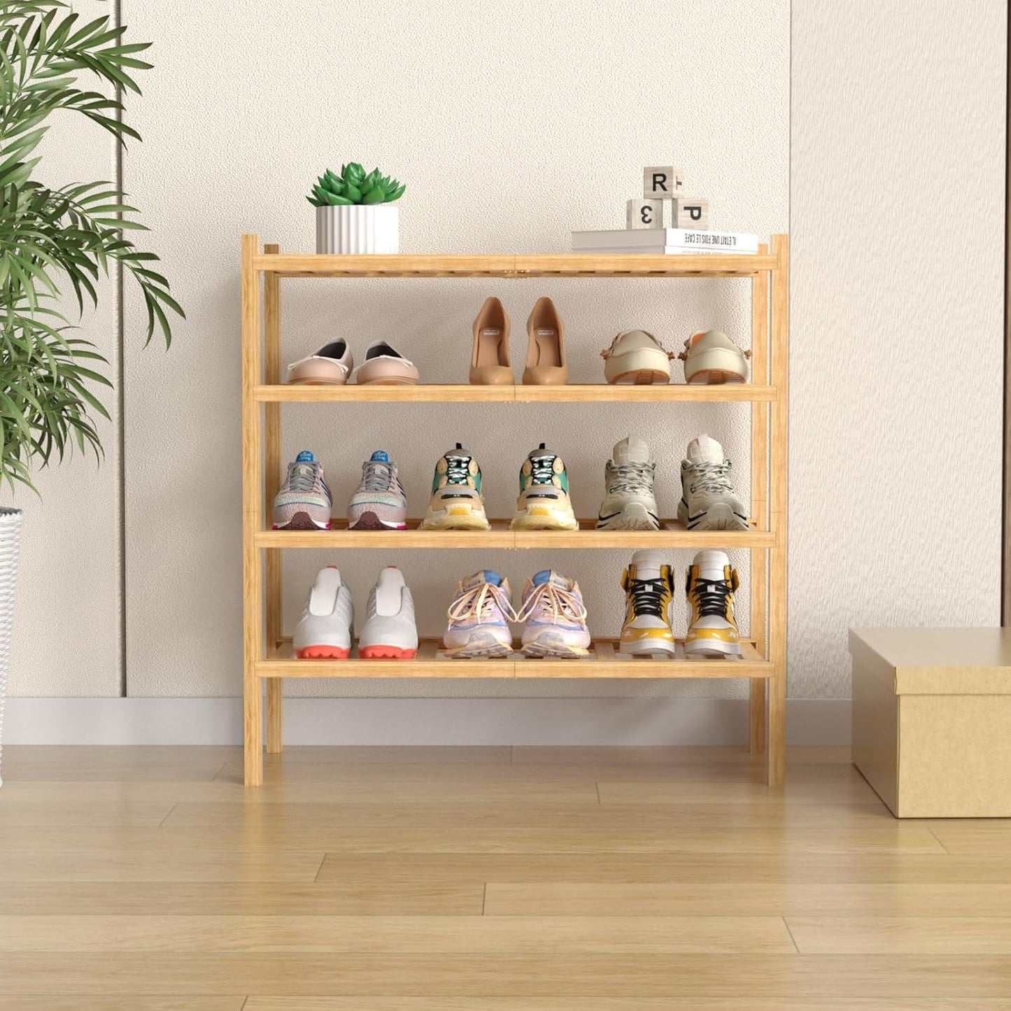 ROMGUAR CRAFT 3 Tier Bamboo Shoe Rack for Closet Free Standing Wood Shoe Shelf Storage Organizer for Entryway Small Space Stackable 27"x11"x20" (Natural)