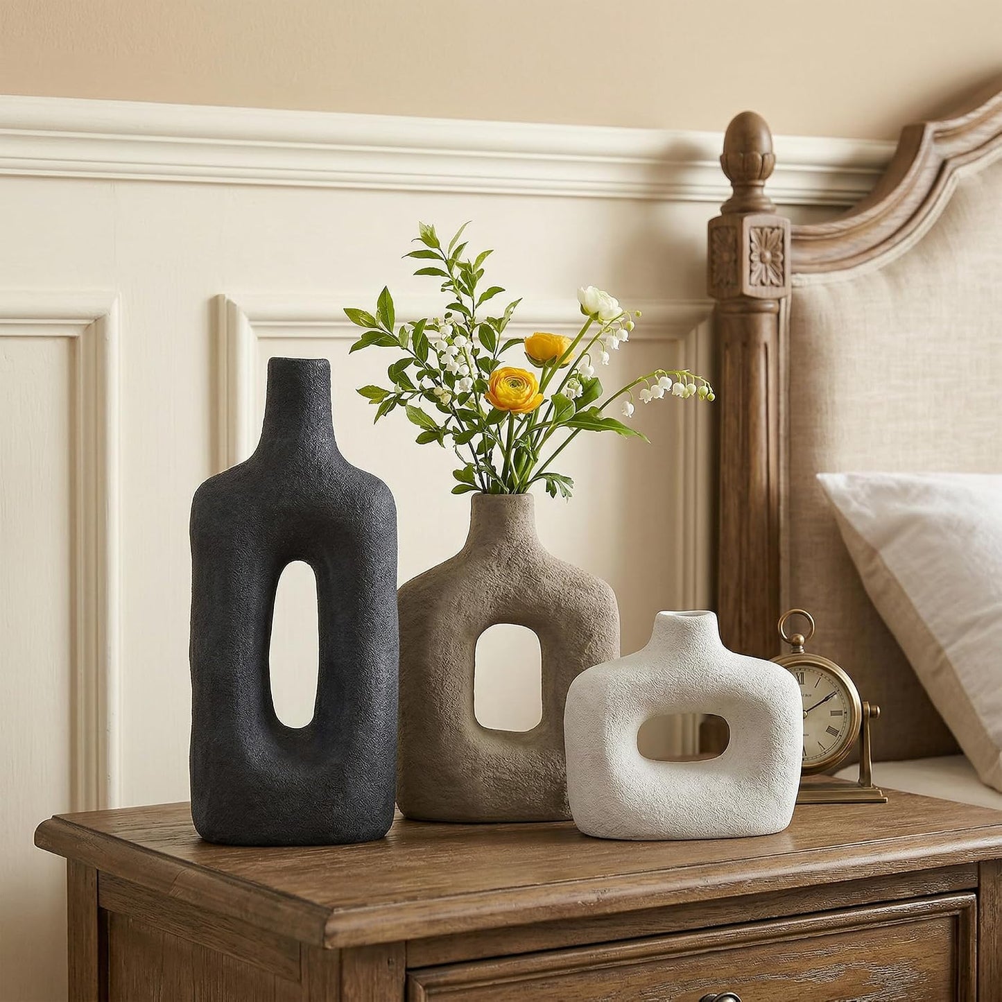 DREAMLOOM Ceramic Vase Set of 3, Modern Rustic Flower Vases for Pampas Grass, Dried & Fresh Flowers, Farmhouse Home Decor Vase for Living Room Bedroom Kitchen Shelf Centerpiece, Classic