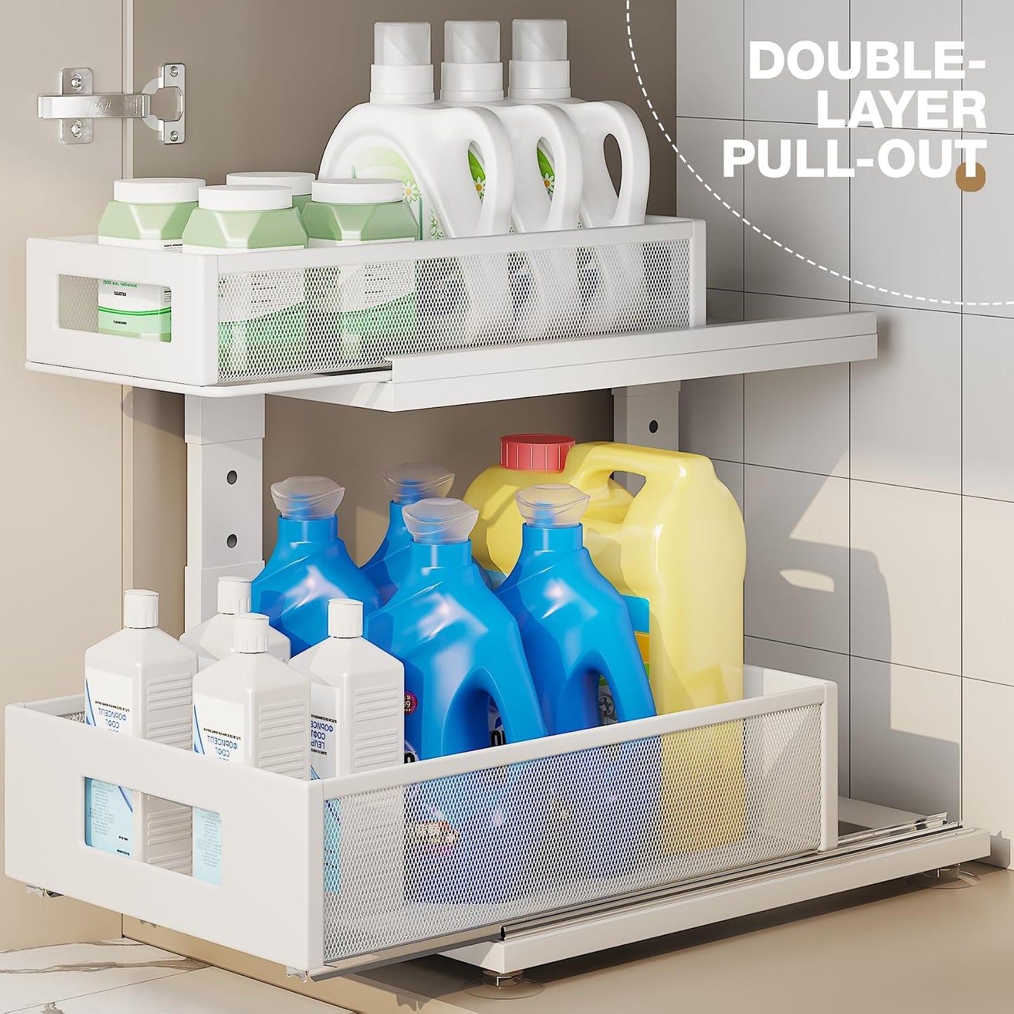 2 Pack Under Sink Organizer with Next-Gen Ball-Bearing Slides,2-Tier Pull Out Cabinet Storage,Height Adjustable Drawer Shelf for Bathroom,Kitchen,Laundry,Cabinet,Pantry(Patent Pending)