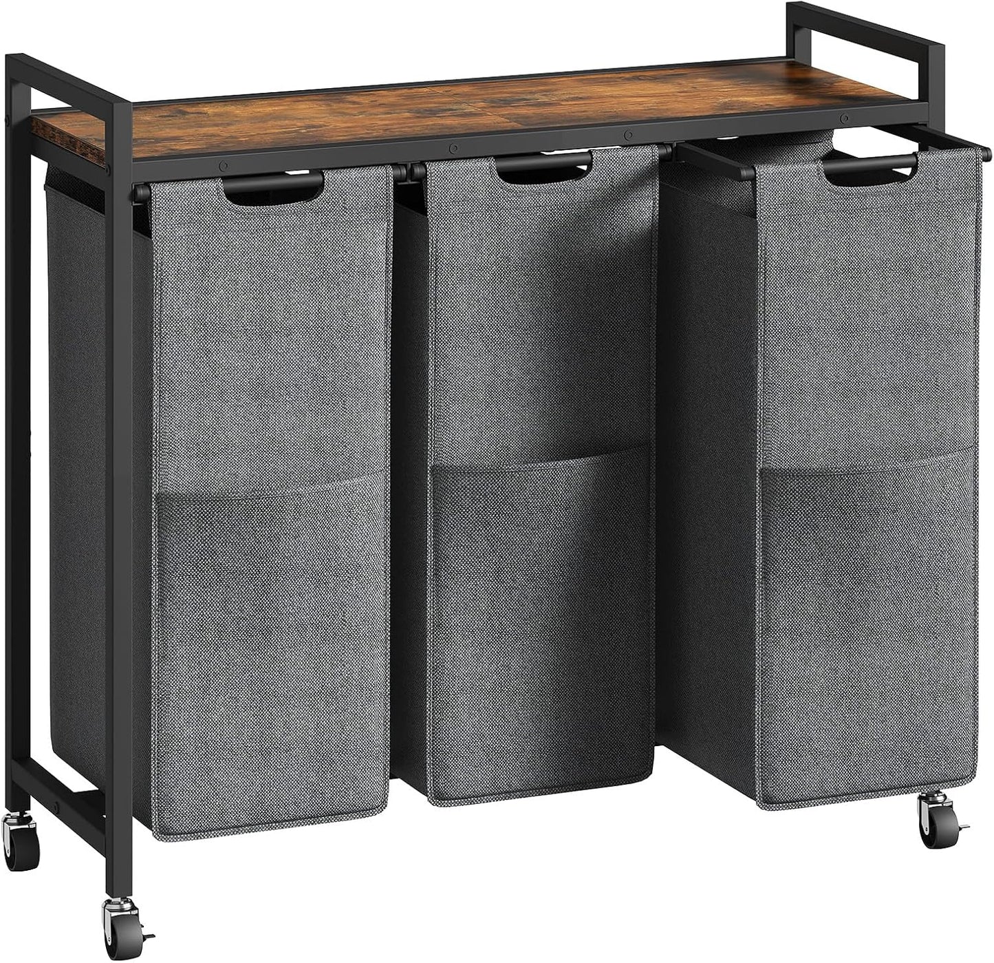 HOOBRO Laundry Sorter 3 Section, Laundry Hamper with Wheels, 3 × 11.5 Gal (43.5 L), Rolling Laundry Basket, Pull-Out and Removable Oxford Fabric Laundry Bags, Rustic Brown and Black BF76XY01