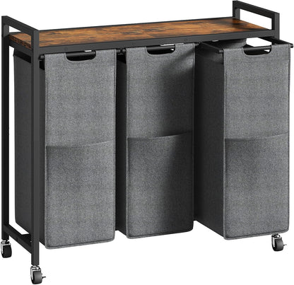 HOOBRO Laundry Sorter 3 Section, Laundry Hamper with Wheels, 3 × 11.5 Gal (43.5 L), Rolling Laundry Basket, Pull-Out and Removable Oxford Fabric Laundry Bags, Rustic Brown and Black BF76XY01