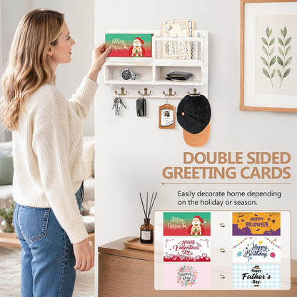 Key Holder Wall Mount, Wooden Mail and Key Organizer with Chalkboard and Mirror, 3 Greeting Cards, 8 Hooks, Brown