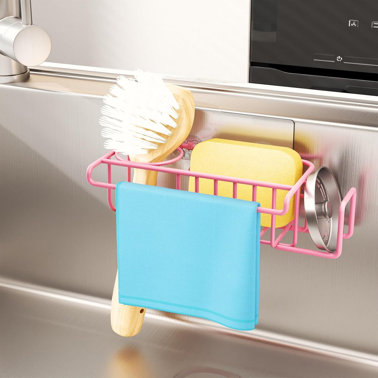 HapiRm 4 in 1 Sink Caddy Sponge Holder, SUS304 Stainless Steel Kitchen Brush Holder and Dish Cloth Hanger, Kitchen Organizers and Storage Essentials - Silver