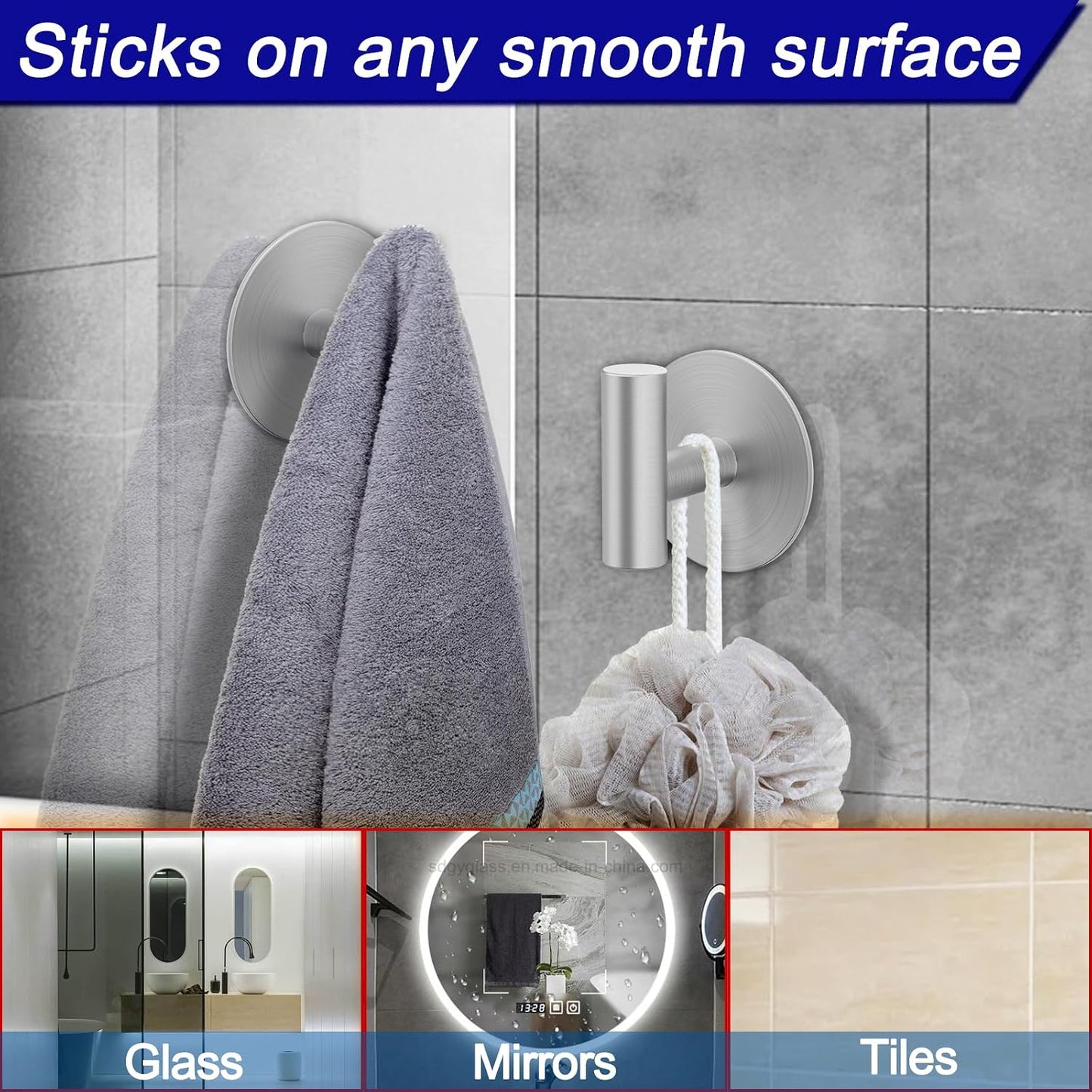 Bntuk Wall Towel Hooks, Adhesive Hooks for Coat Waterproof Shower Hooks, Sticky Hanger Hook for Hanging Coat, Clothes, Robe, Towel Hooks for Bathroom Glass Window - 2 Pack, Black