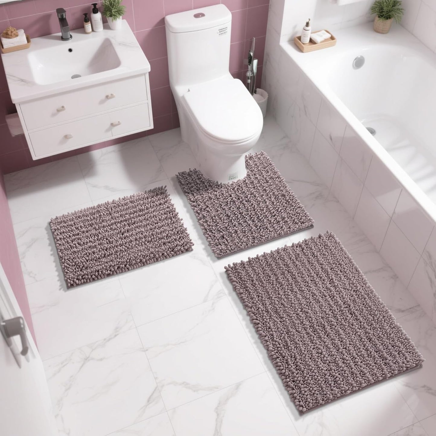 Yimobra Bathroom Rugs Non Slip Washable - Ultra Soft Absorbent Chenille Bath Mat, Quick Dry Shaggy Floor Carpet for Tub Shower, Gray Home Decor Accessories, 24x17 Inch