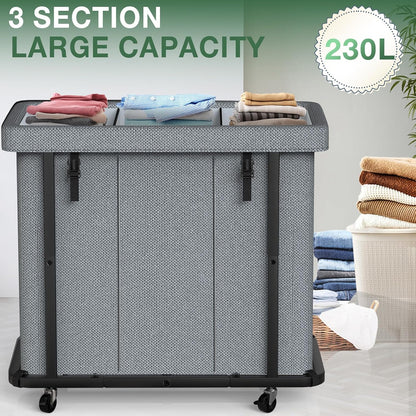 60 Gal(230L) Laundry Basket with Lid, Rolling Laundry Hamper with Wheels, Dirty Clothes Hamper with Metal Frame and Removable Bag Design, Suitable for Laundry Room, Bedroom (Black, 3 Section 230L)