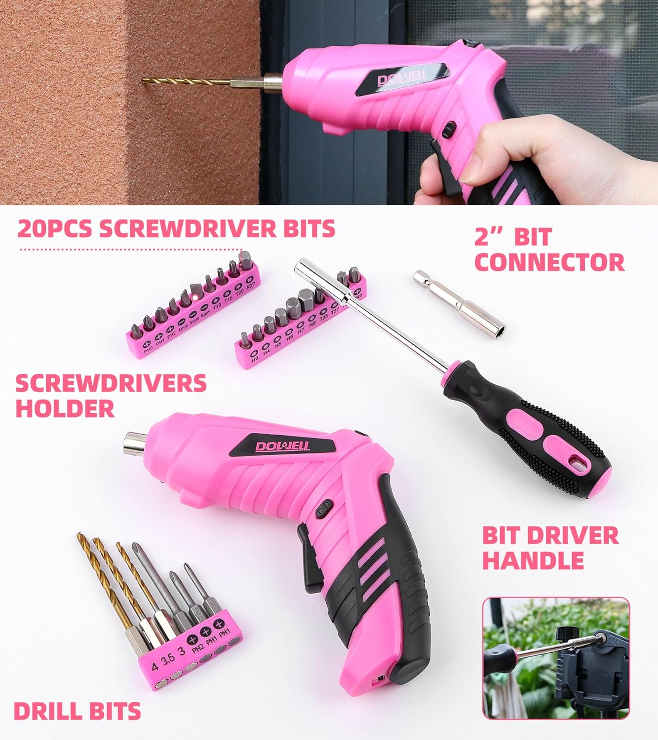 143 Pcs Pink Homeowner Tool Set with 3.6V Cordless Screwdriver General Household Hand Tool Kit with Plastic Tool box Storage Case for Women,Men