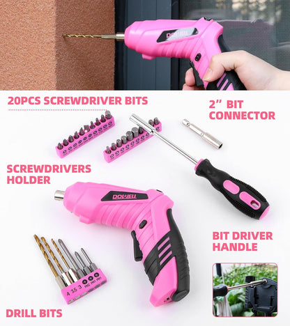 143 Pcs Pink Homeowner Tool Set with 3.6V Cordless Screwdriver General Household Hand Tool Kit with Plastic Tool box Storage Case for Women,Men