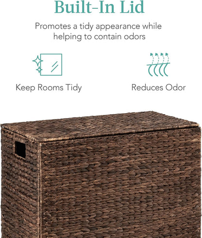 Best Choice Products Large Double Laundry Hamper with Lid, Natural Handwoven Water Hyacinth, 2 Sections w/ 2 Machine Washable Linen Liner Bags, Portable, Handles - Natural