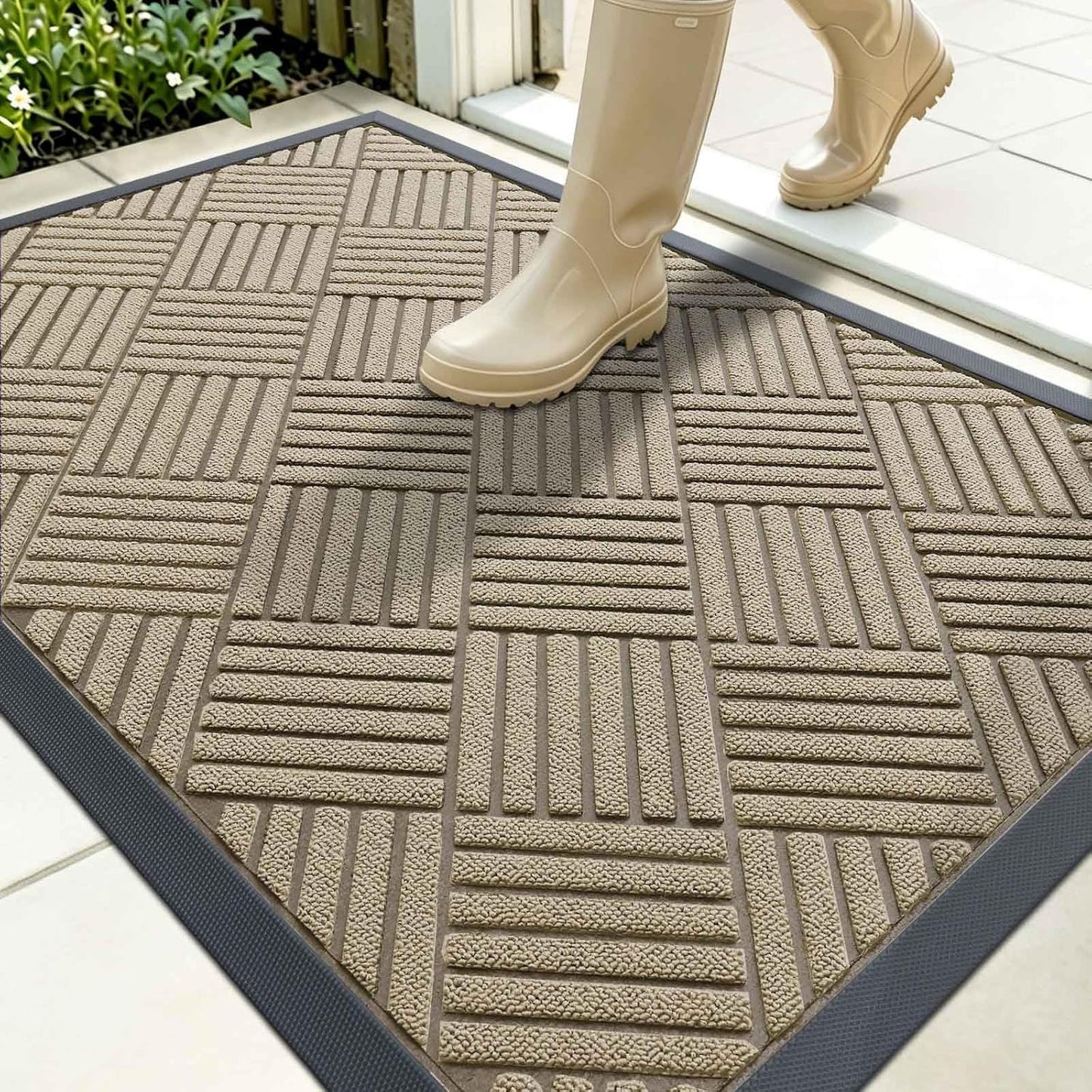 OLANLY Front Door Mat Outside Entrance 29.5x17, Absorbent, Heavy Duty Sturdy Natural Rubber Doormat Indoor Outdoor, Stain and Fade Resistant, Non-Slip Low Profile Floor Mat for Entryway, Grey Diamond