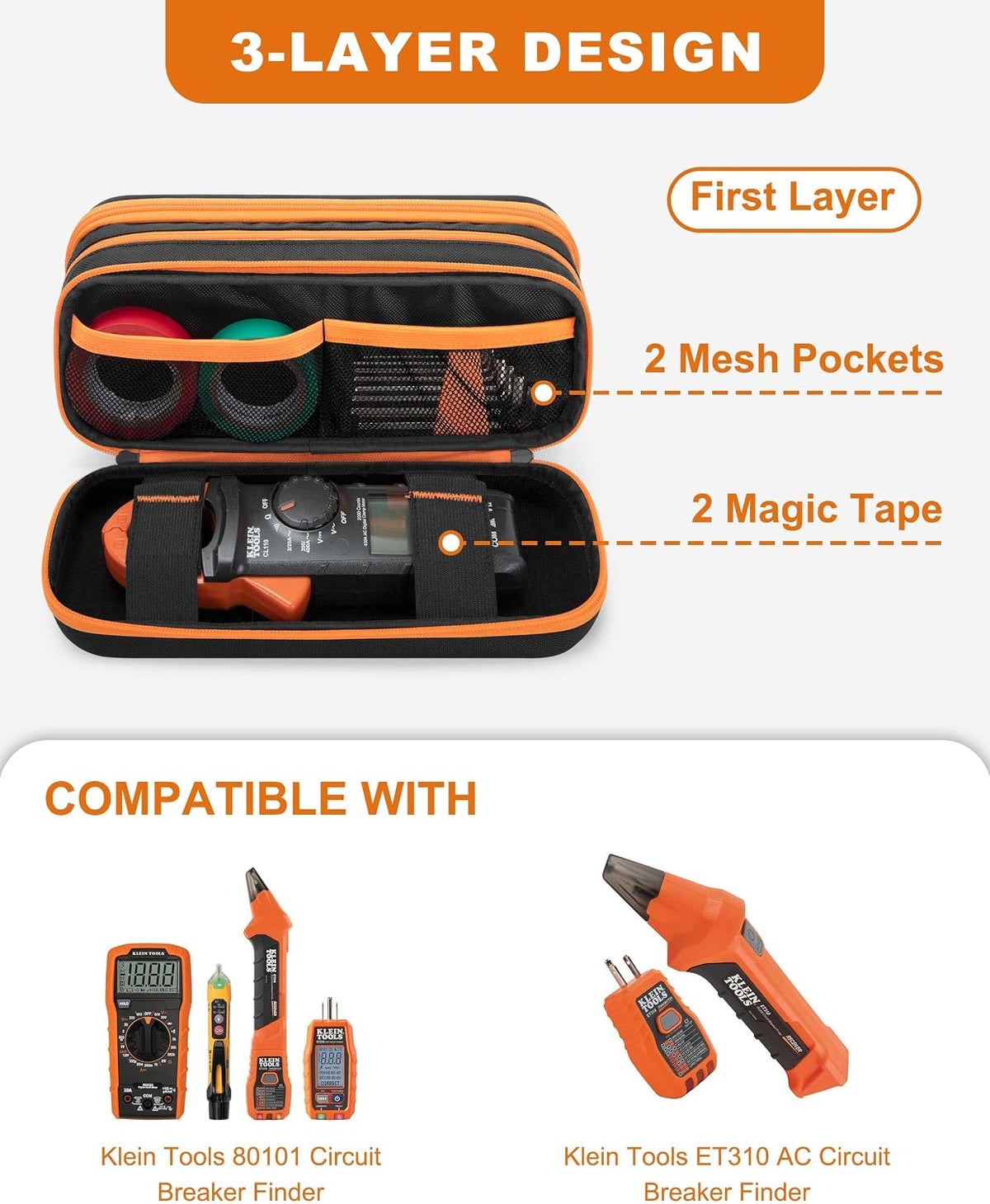 Hard Tool Carrying Bag, Zippered Multimeter Case with Handle | Compatible with Klein Tools 80101/Et310 Ac Circuit Breaker Finder, 3-Layer Design with Elastic Strap, Protective Shell