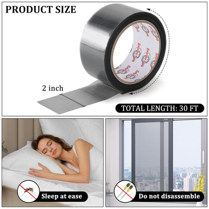 2″ X 30 FT Black Window Screen Repair Tape, Strong Adhesive Fiberglass Mesh Patch for Window & Door Screen Tears