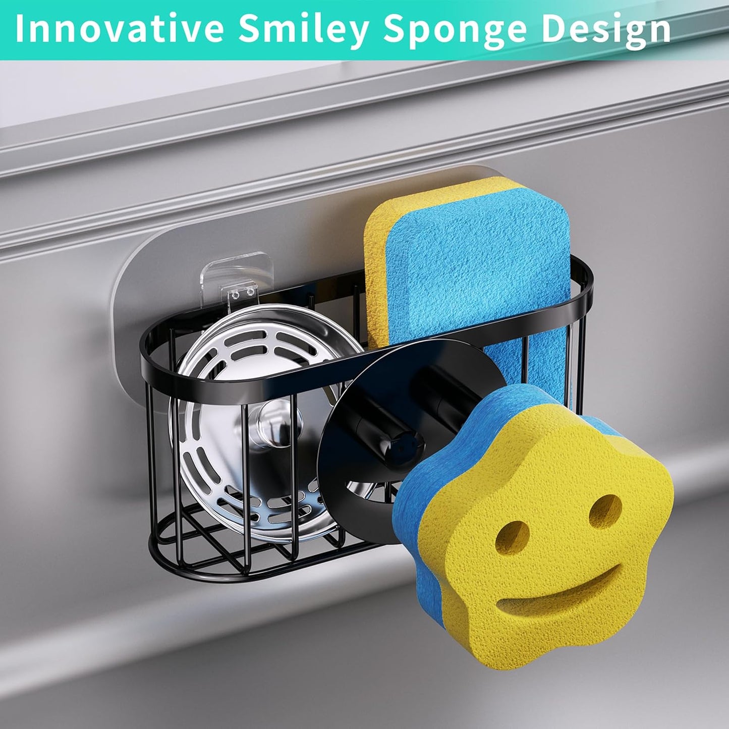 HapiRm Multifunctional Sponge Holder with Unique M-Shaped, 2 Installation Methods Kitchen Sink Caddy Organizer, Rustproof Stainless Steel Kitchen Organizers and Storage Essentials - Black