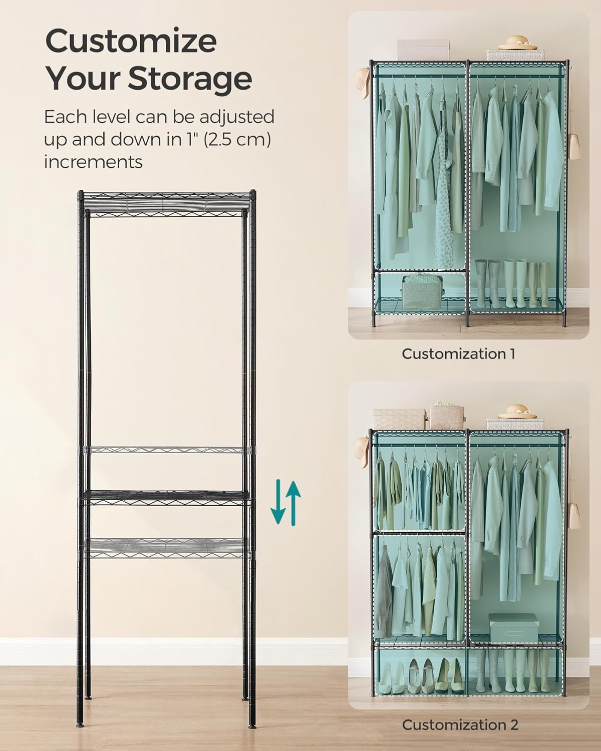 SONGMICS Heavy-Duty Clothes Rack, Garment Rack, Portable Closet, 68.7-Inch Wide Clothing Rack with Adjustable Mesh Shelves and Hanging Rails, Ink Black ULGR433B01