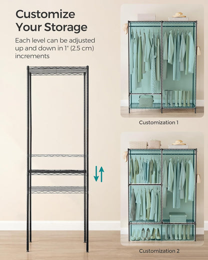 SONGMICS Heavy-Duty Clothes Rack, Garment Rack, Portable Closet, 68.7-Inch Wide Clothing Rack with Adjustable Mesh Shelves and Hanging Rails, Ink Black ULGR433B01