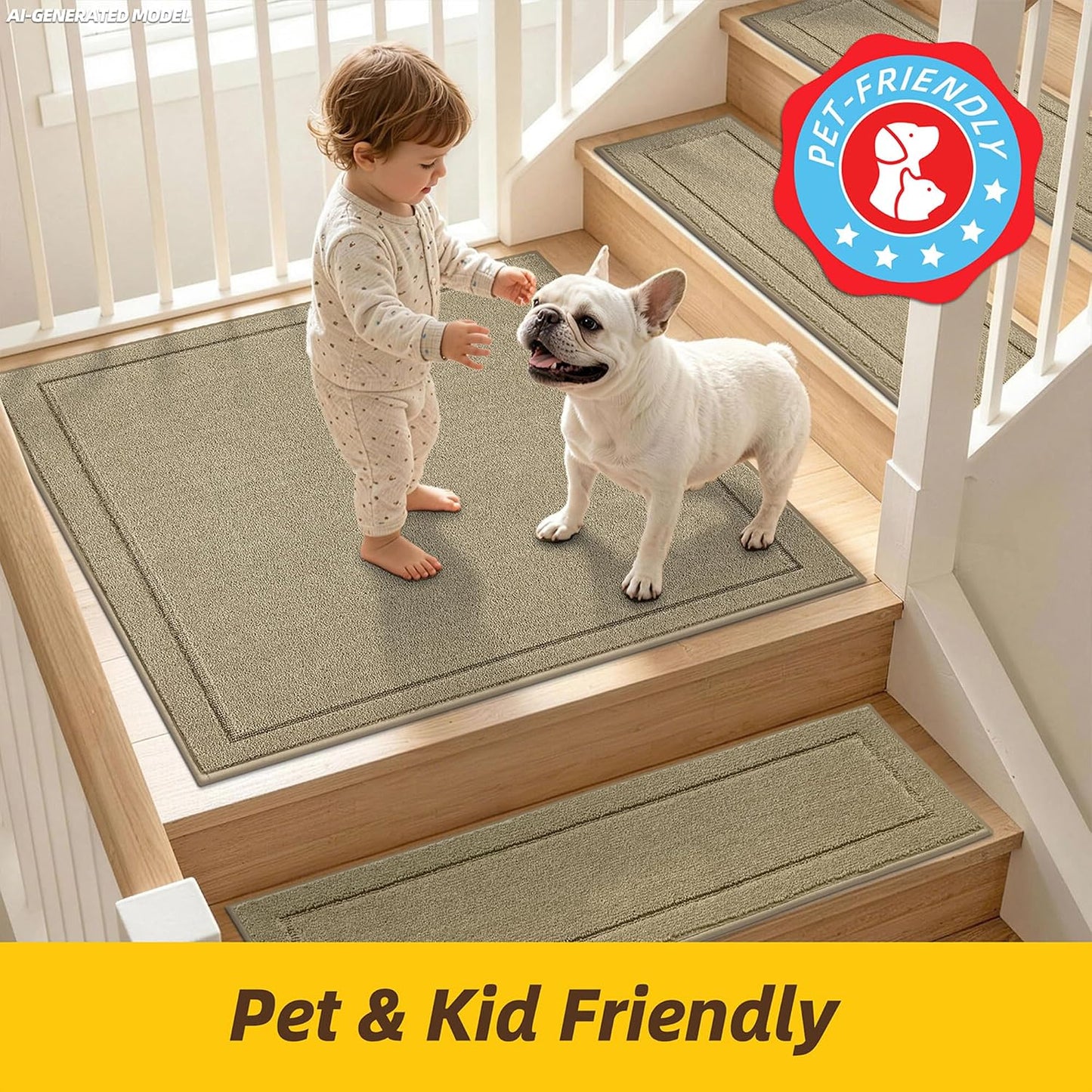 JSEI Stair Treads for Wooden Steps Indoor, 15-Pack Non Slip Stair Treads 30" x 8", Washable Polyester Stair Mats with TPE Backing, Low Profile Stair Rugs for Kids, Seniors and Dogs, Brown