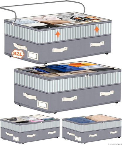 Dolicer 2 Pack Under Bed Storage with Wheels, 6in-10in Height Adjustable Underbed Storage Containers, 92L XXXL Under Bed Drawers Rolling Bin with Clear Lids for Dorm Shoes Clothes Organizers(Grey)