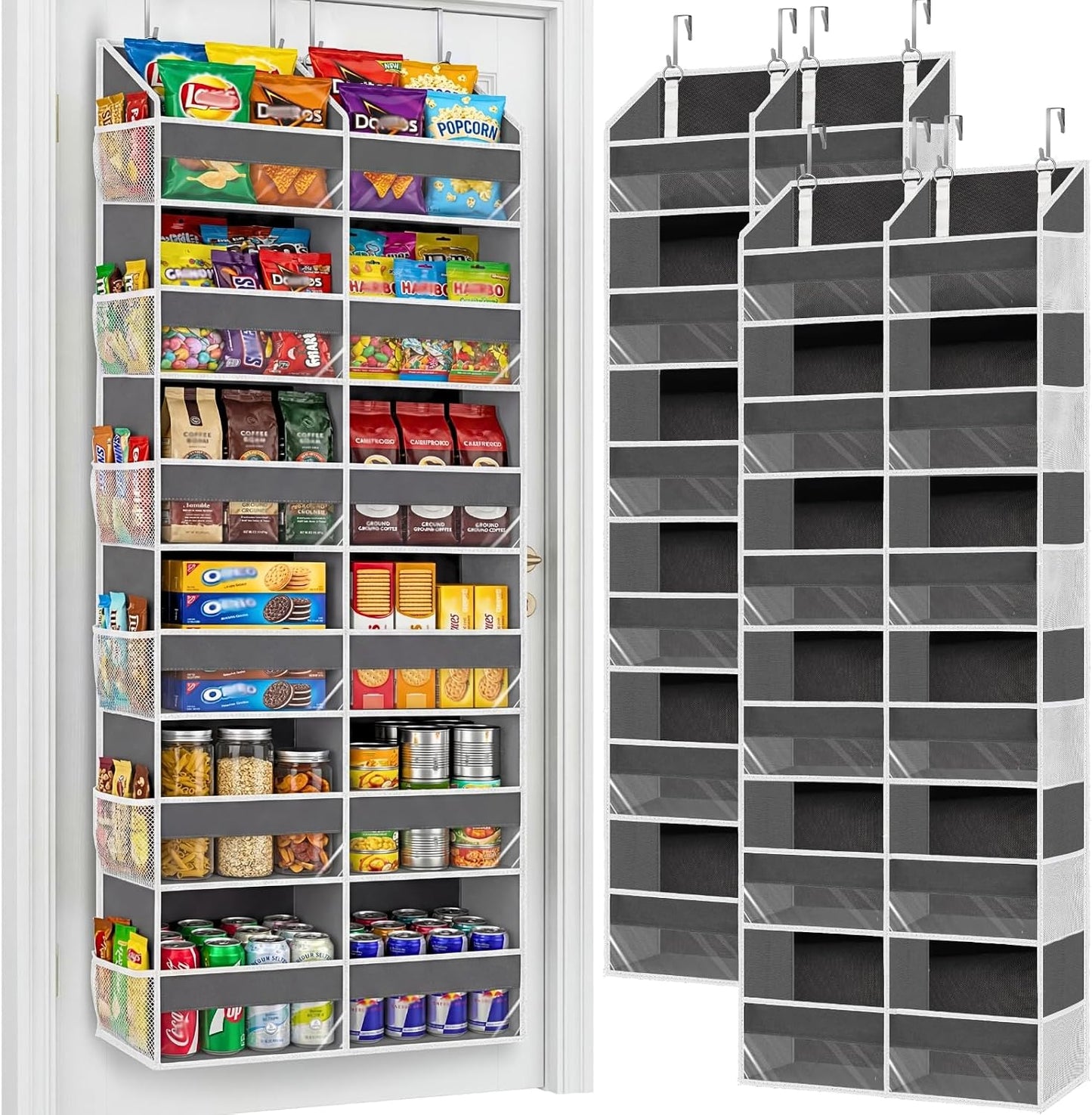 Over The Door Organizer, 5-Tier Extra Large Behind Door Storage with 10 Big Front & 10 Mesh Pockets, 80lb Capacity, Hanging Storage Organizer with Clear Window Kids Toys, Shoes, Diapers, Light Grey