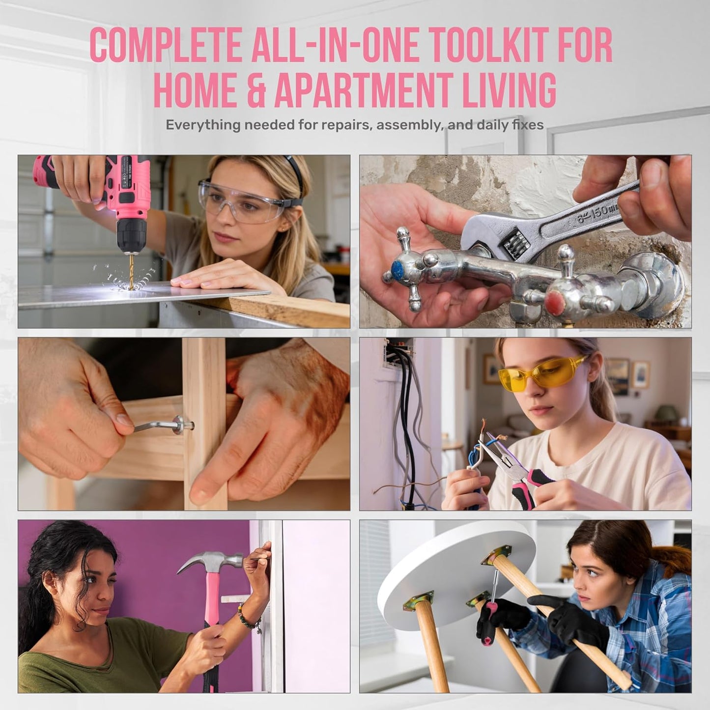Hi-Spec Pink Tool Set with 8V Drill Set. Complete Cordless & Rechargeable USB Electric Drill Driver Kit for Women, Home DIY Repair & Maintenance, in a Compact Toolbox.