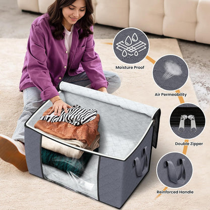 Fab totes 6 Pack Storage Bags for Clothes and Blanket, Foldable Closet Organizers and Storage with Zippers, Clear Window and Handles, Fabric Storage Bins for Sweater, Comforter, Bedding,Linen Sheets