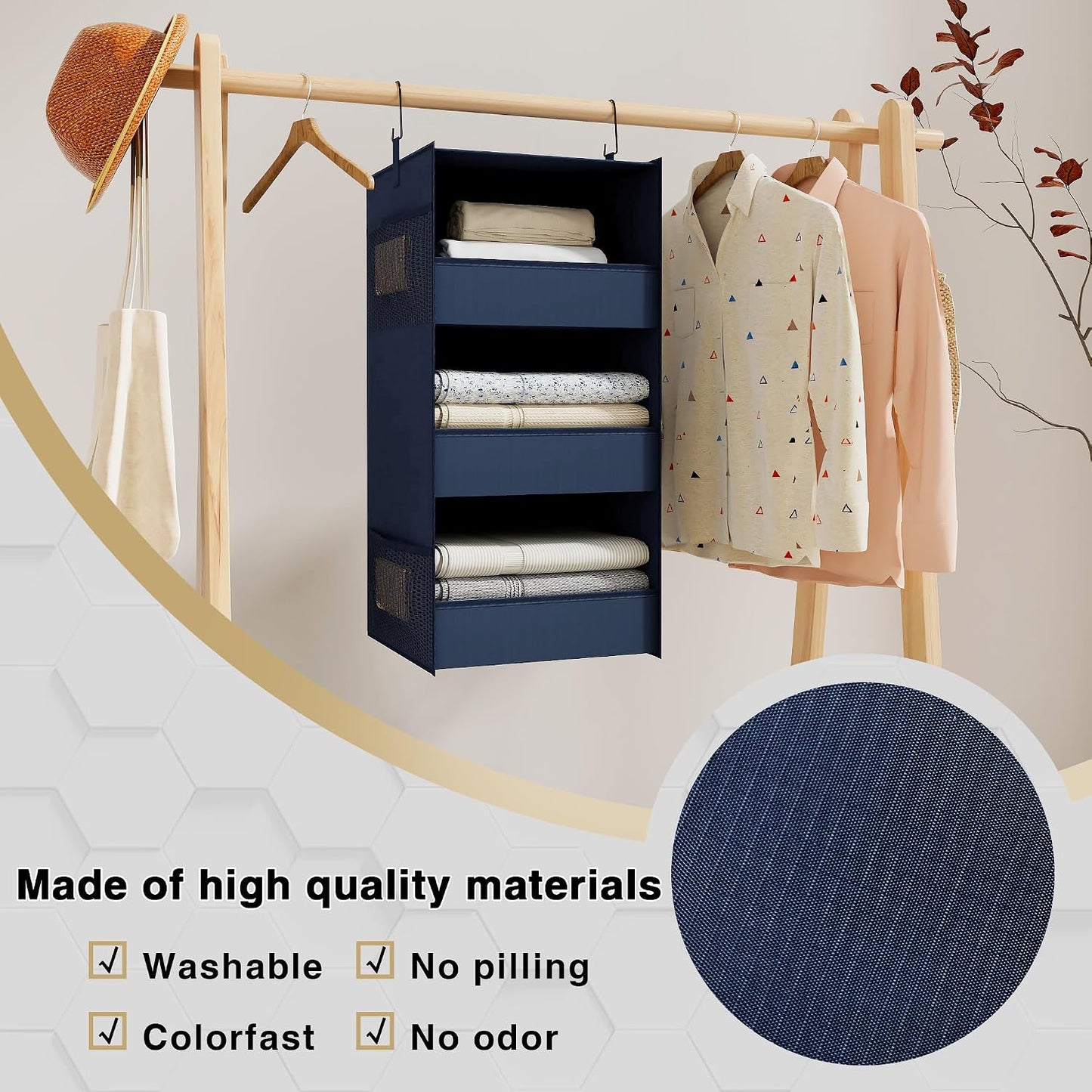 3-Shelf Hanging Closet Organizer, Washable Foldable Storage, Dark Gray | Front lip keeps items secure; side pockets add room; Oxford fabric handles towels, shirts, baby items, dorms, RVs or travel.