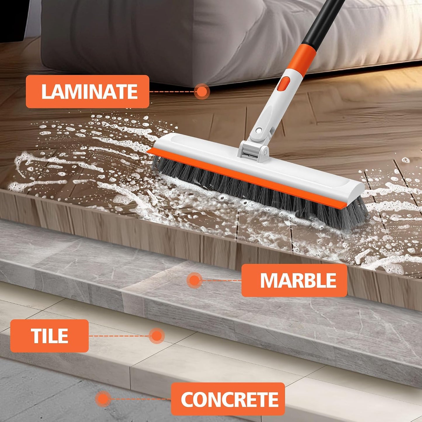 NEWE Floor Scrub Brush with Long Handle, 2 in 1 Stiff Bristles Scrubber Mop with Squeegee for Cleaning Deck Tile Tub Garage Patio Wall Sink Bathroom Kitchen
